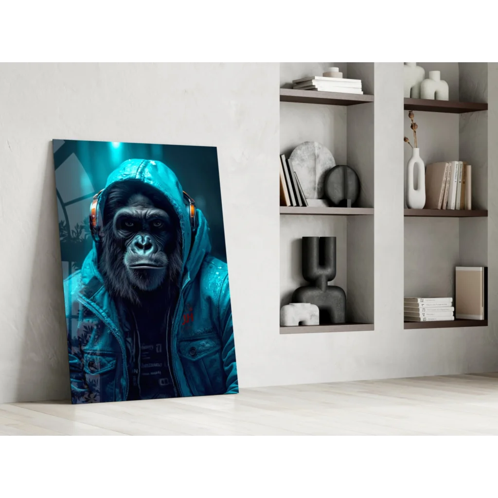 Teal Gorilla DJ glass wall art print with hooded gorilla in headphones