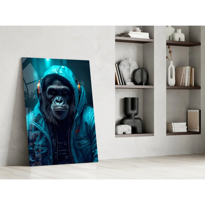 Teal Gorilla DJ glass wall art print with hooded gorilla in headphones