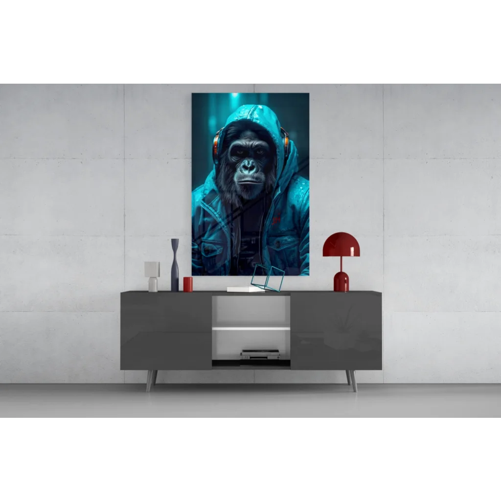 Teal Gorilla DJ glass wall art print of gorilla in headphones above gray console