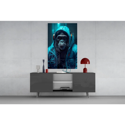 Teal Gorilla DJ glass wall art print of gorilla in headphones above gray console