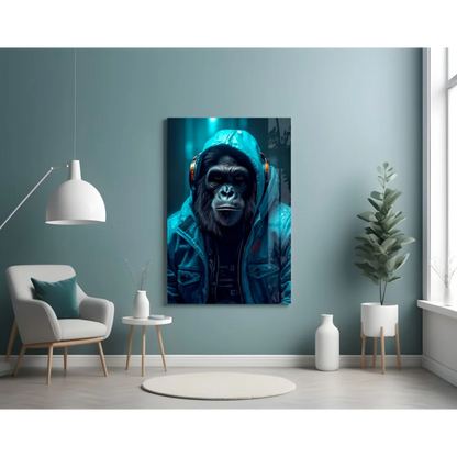 Teal Gorilla DJ Glass Wall Art Print | Contemporary Home Wall Art | vintageantiquesgifts.com