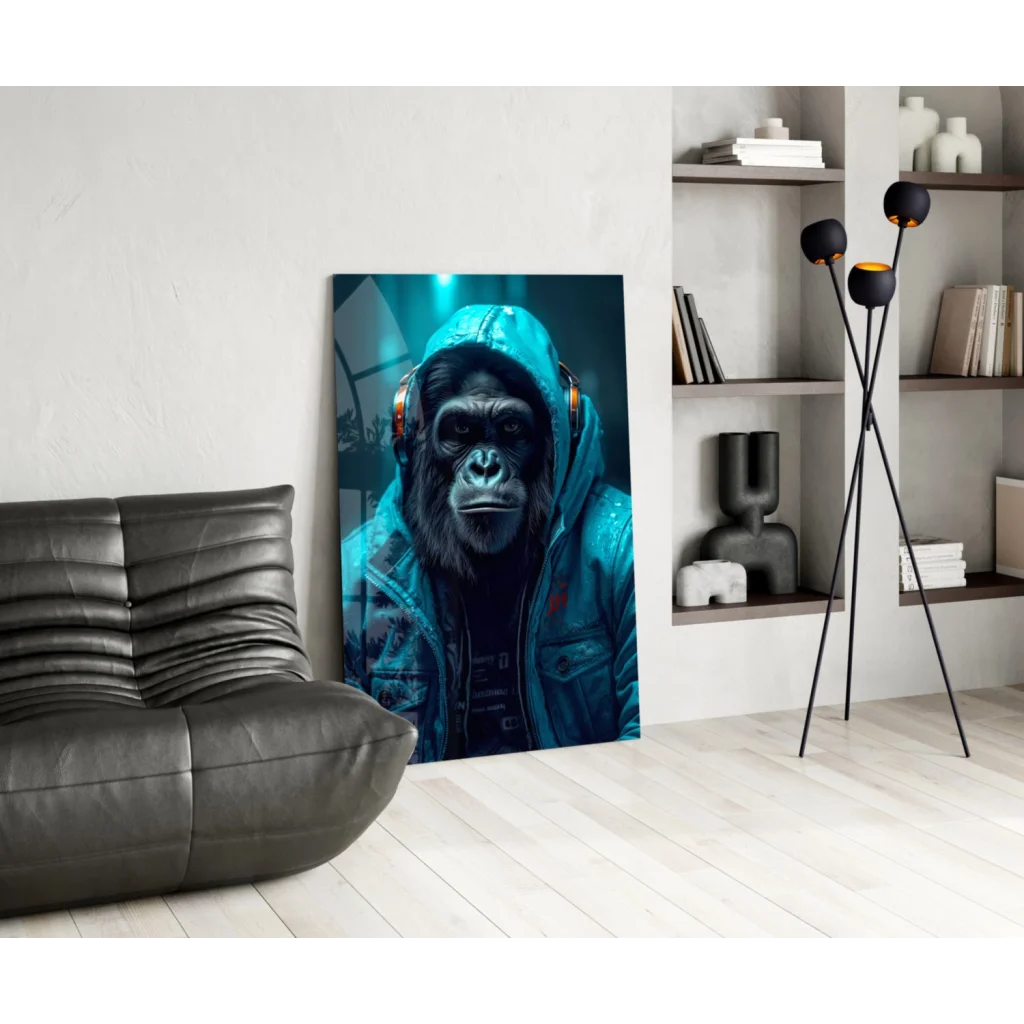 Teal Gorilla DJ glass wall art print with futuristic gorilla