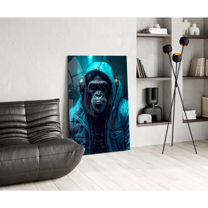 Teal Gorilla DJ glass wall art print with futuristic gorilla