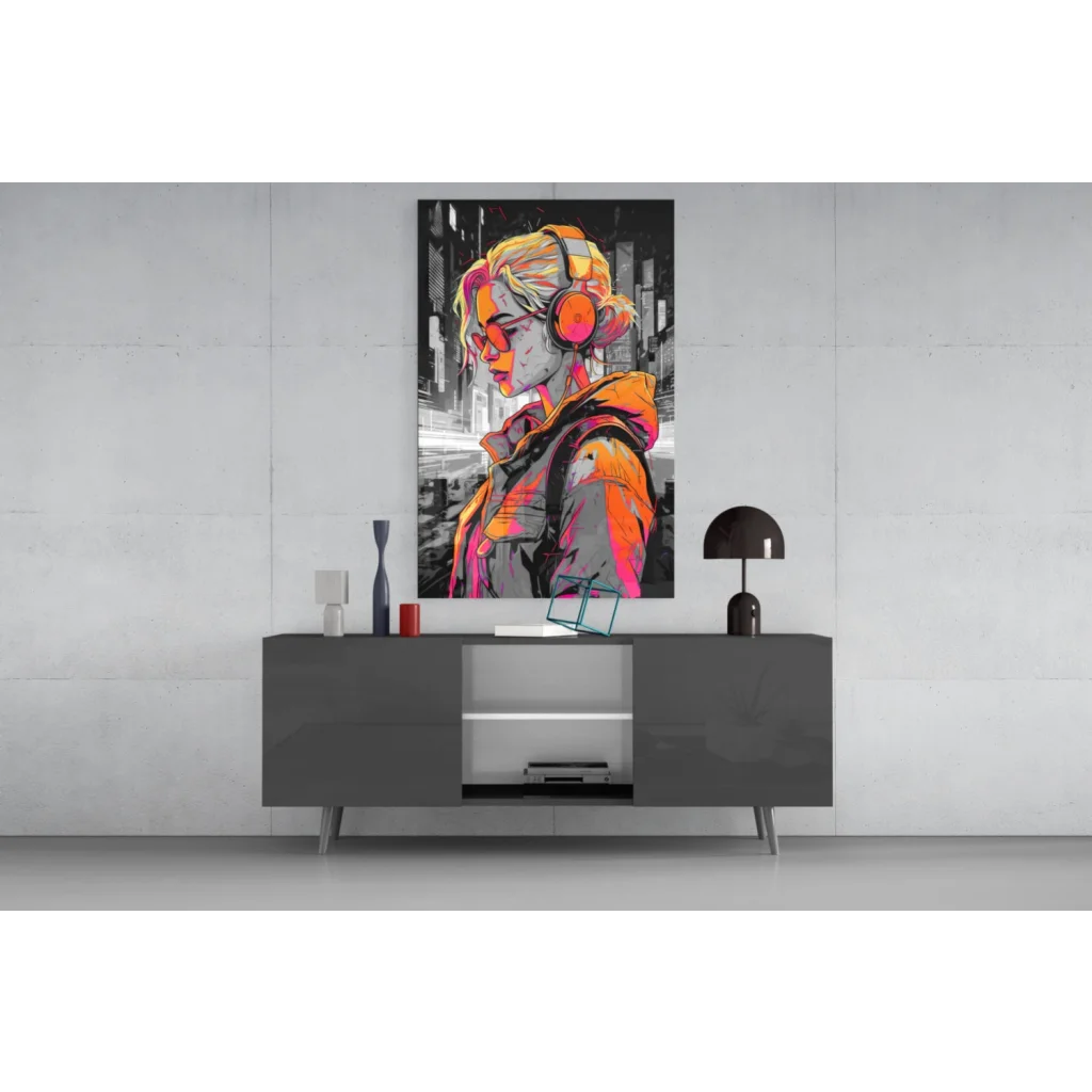 Pop art blonde girl glass wall art with vibrant orange headphones