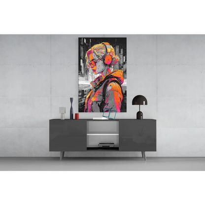 Pop art blonde girl glass wall art with vibrant orange headphones
