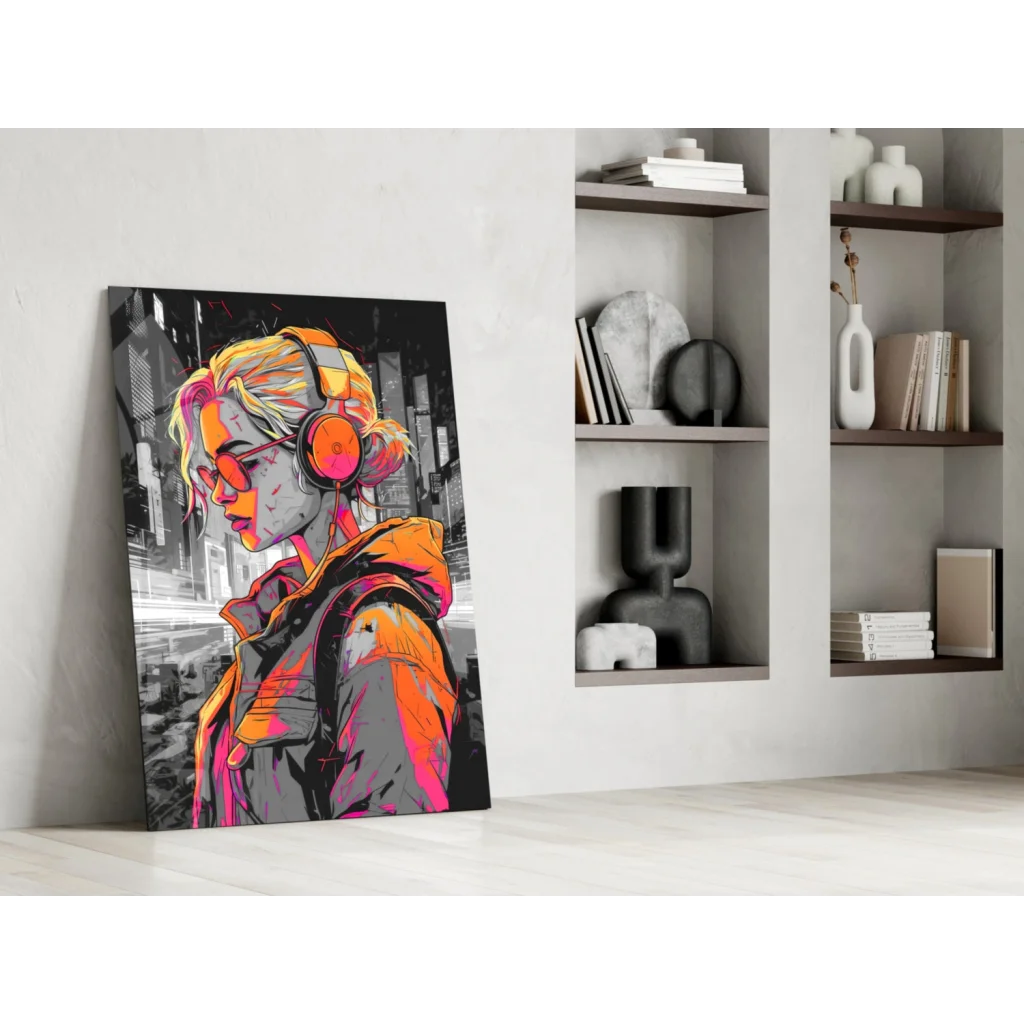 Vibrant pop art blonde girl in orange headphones on glass wall art