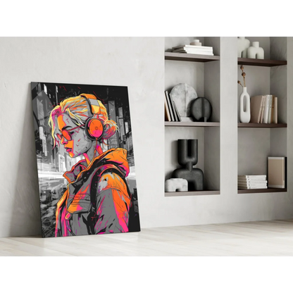Vibrant pop art blonde girl in orange headphones on glass wall art