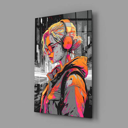 Pop Art Blonde Girl Glass Wall Art with Orange Headphones | Glass Wall Art Print | vintageantiquesgifts.com