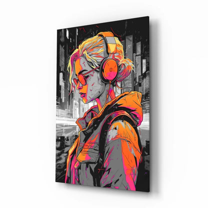 Pop Art Blonde Girl Glass Wall Art with Orange Headphones | Insigneart USA | vintageantiquesgifts.com