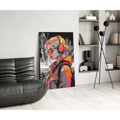 Vibrant pop art blonde girl glass wall art with orange headphones