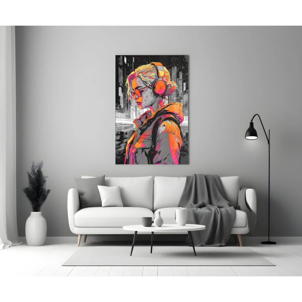 Pop Art Blonde Girl Glass Wall Art with Orange Headphones | Modern Wall Art Decor | vintageantiquesgifts.com