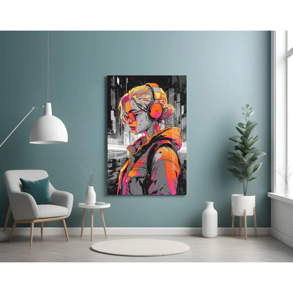 Pop Art Blonde Girl Glass Wall Art with Orange Headphones | Contemporary Home Wall Art | vintageantiquesgifts.com