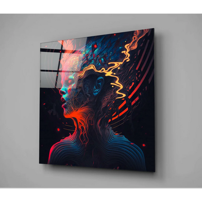 Vibrant neon profile glass wall art with orange and blue glow on dark background