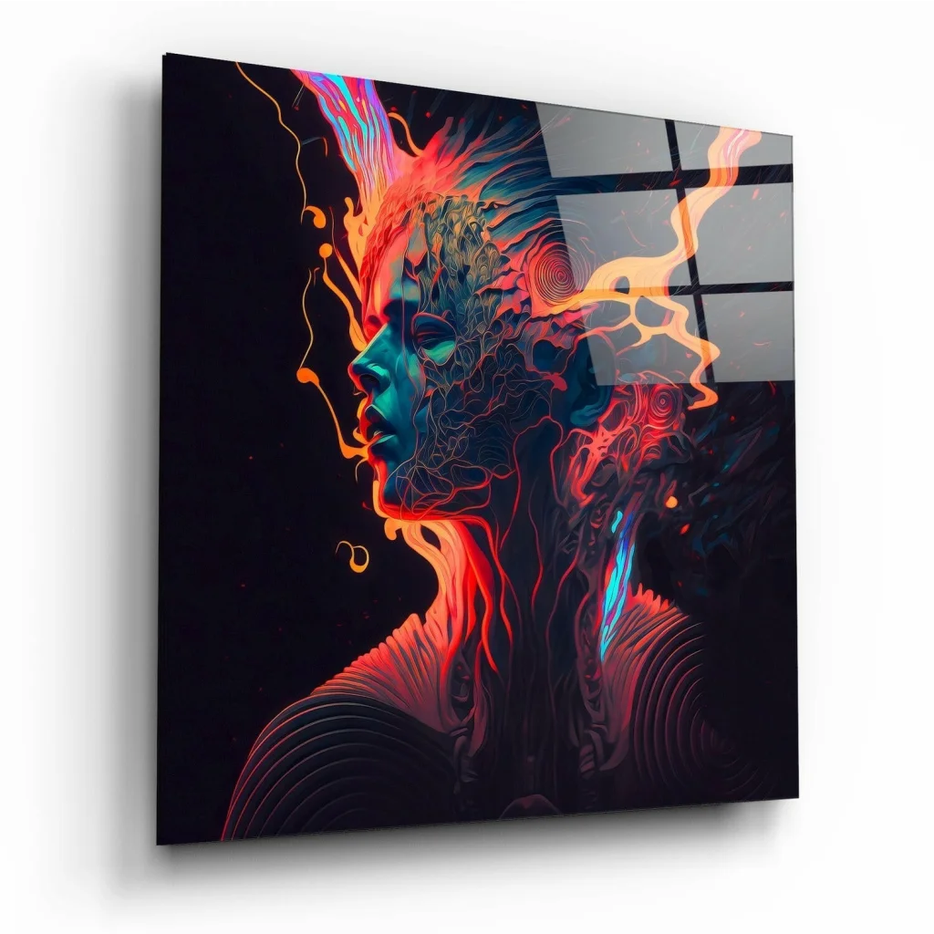 Vibrant neon energy swirls in stylized profile on glass wall art