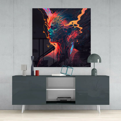 Vibrant neon energy glass wall art with fiery orange and blue swirls