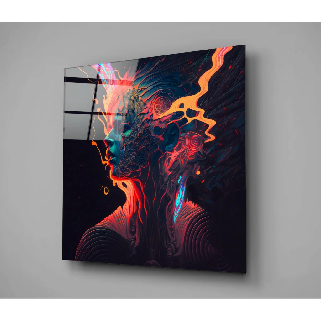 Vibrant neon energy abstract glass wall art with swirling orange and cyan streams