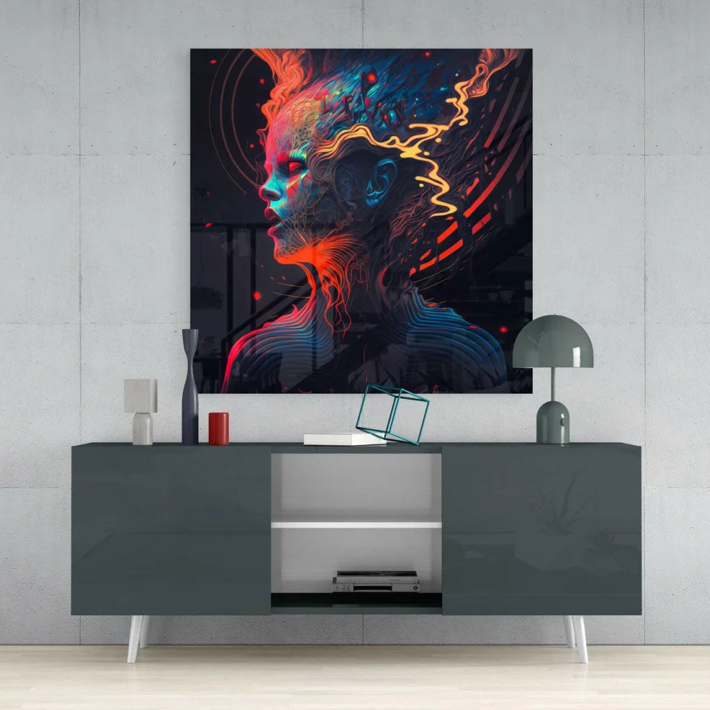 Stylized neon profile glass wall art with orange blue glow on gray table