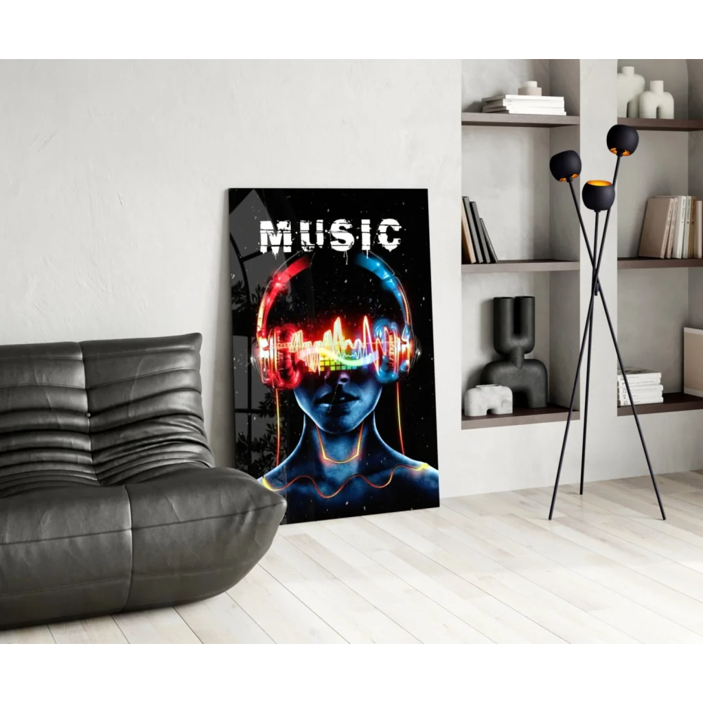 Vibrant neon headphones wall art poster with music and rainbow audio waves