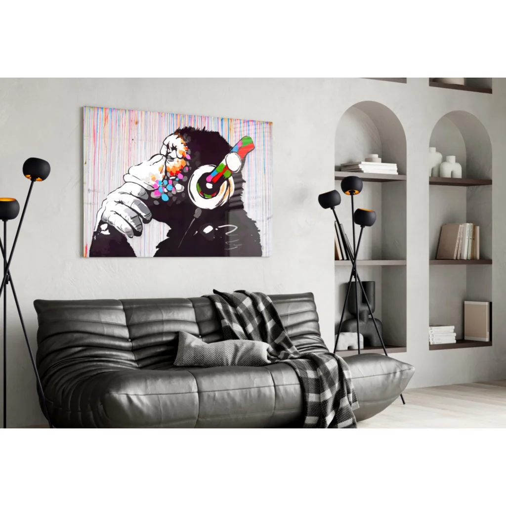 Funky Monkey Headphones canvas wall art with rainbow splatter graffiti style