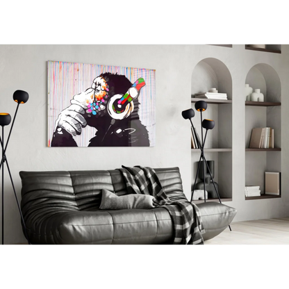 Funky Monkey Headphones canvas wall art with rainbow splatter graffiti style