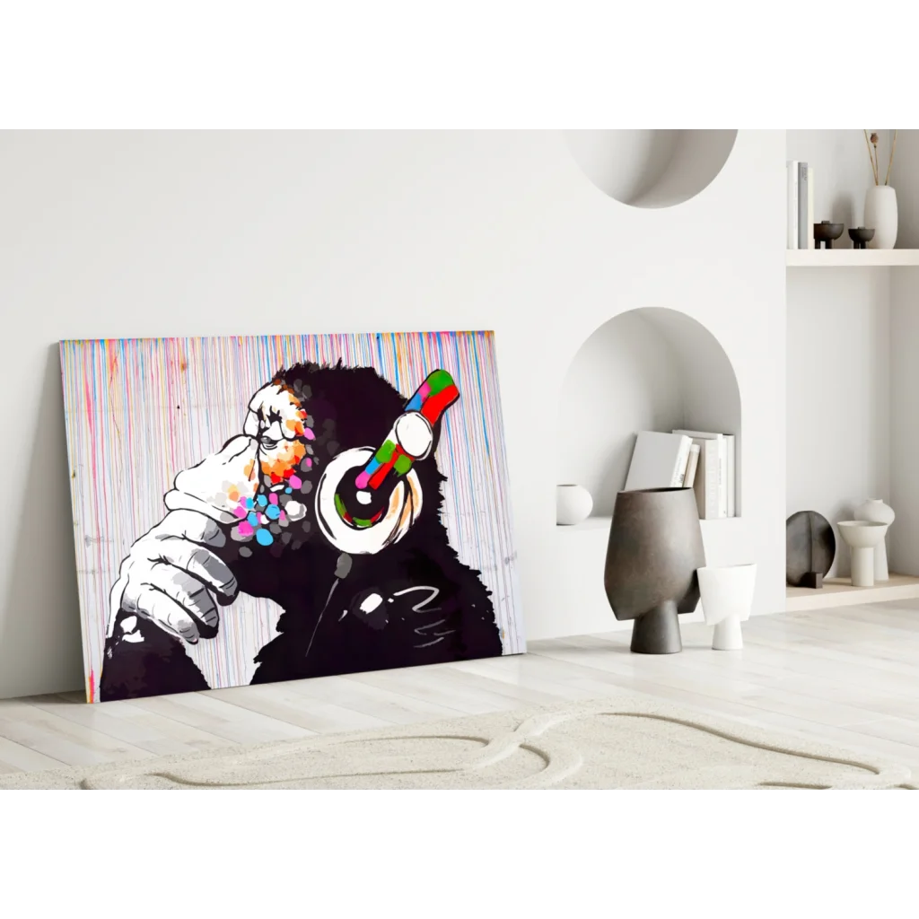 Funky Monkey with rainbow headphones canvas wall art print