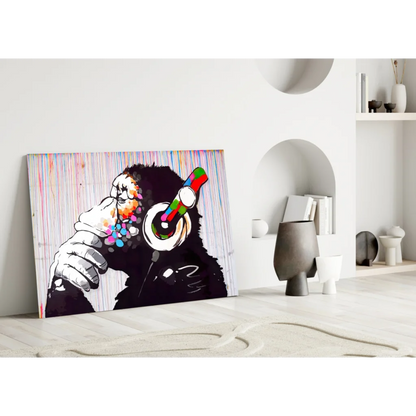 Funky Monkey with rainbow headphones canvas wall art print