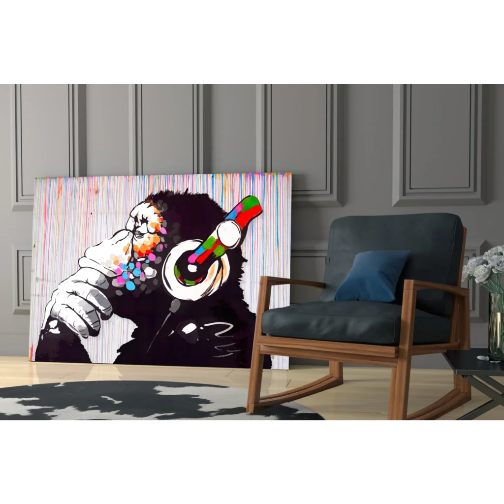 Funky Monkey with colorful headphones on rainbow pop-art wall art canvas