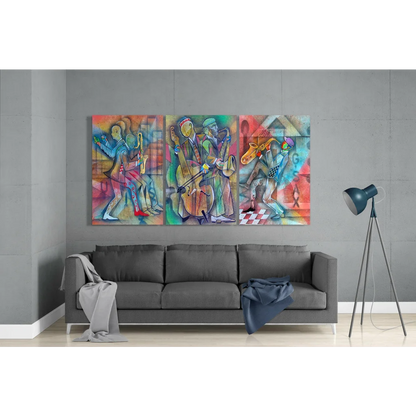 Vibrant Jazz Trio glass wall art with abstract musicians in bold colors