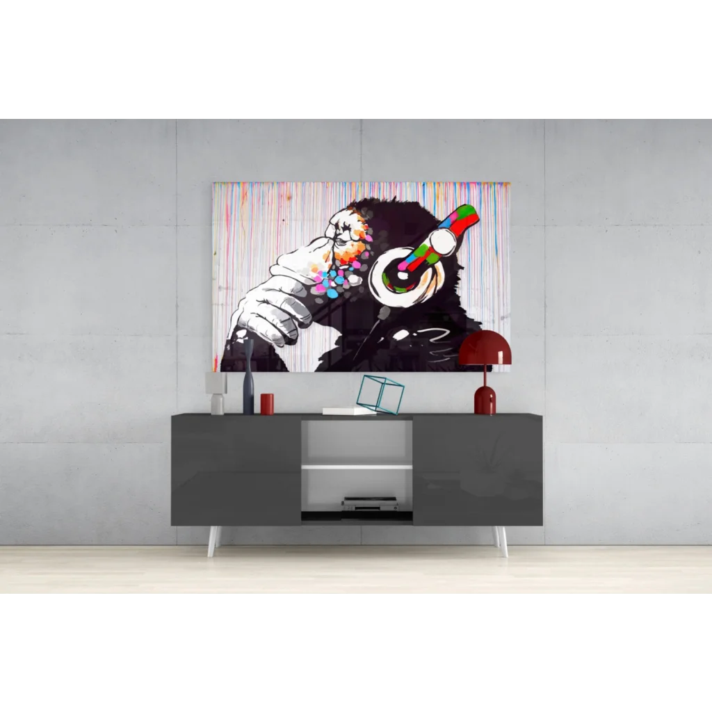 Funky monkey with rainbow headphones on vibrant graffiti canvas wall art
