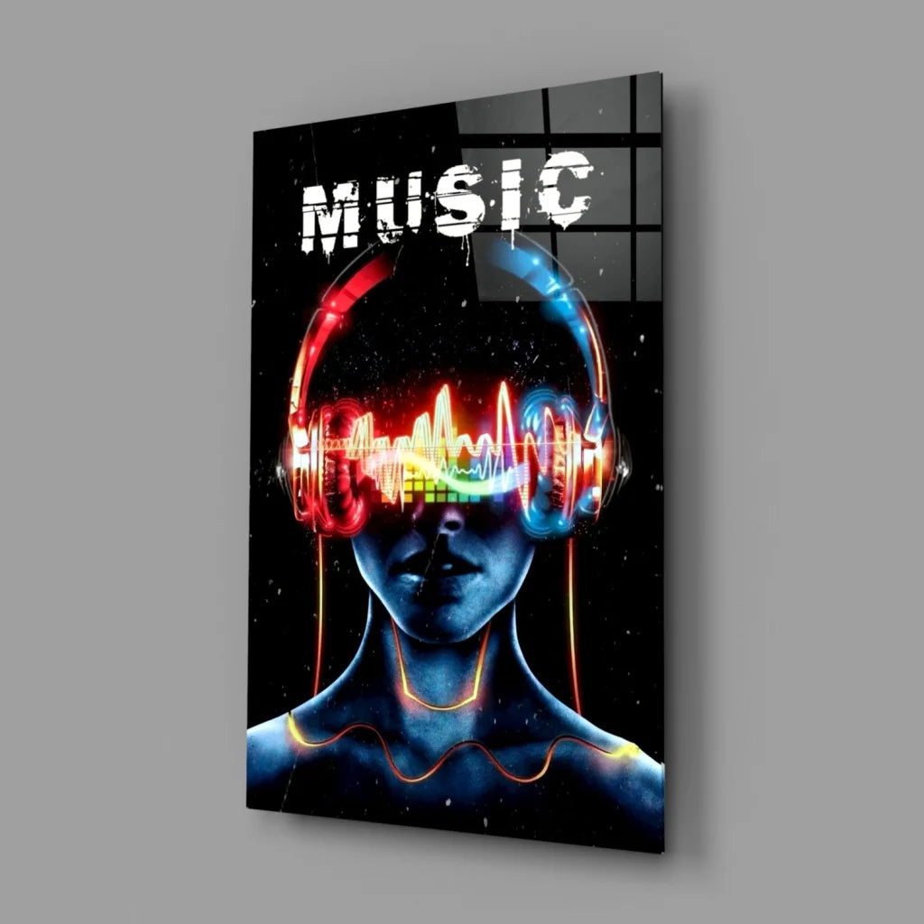 Neon Music Headphones Wall Art Poster with Rainbow Audio Waves | Glass Wall Art Print | vintageantiquesgifts.com