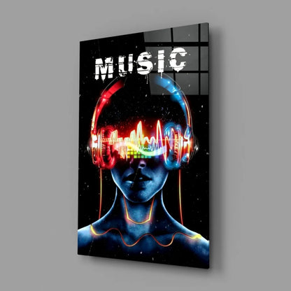 Neon Music Headphones Wall Art Poster with Rainbow Audio Waves | Glass Wall Art Print | vintageantiquesgifts.com