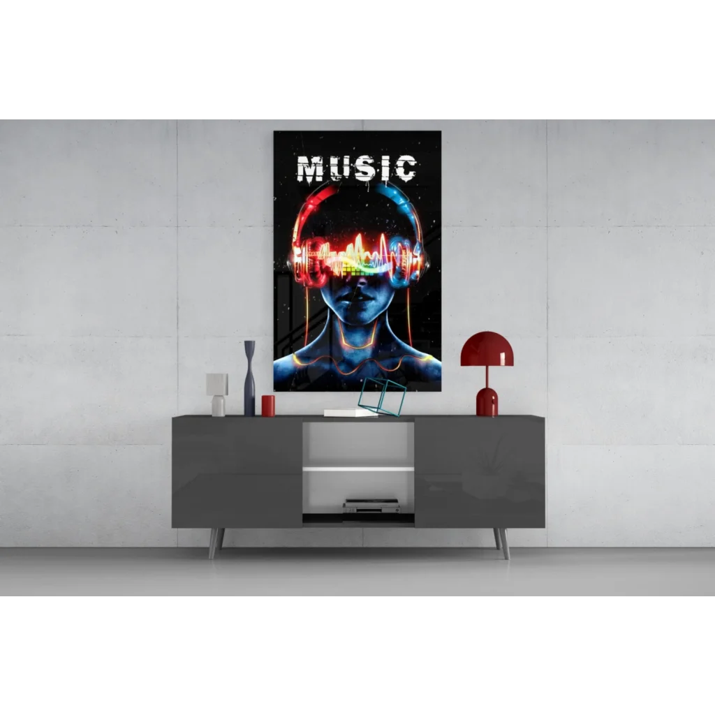 Vibrant neon music wall art poster with glowing headphones and rainbow audio waves