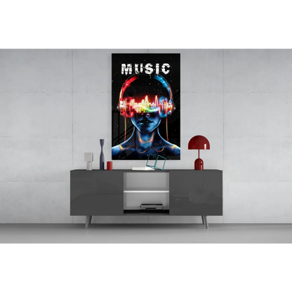 Vibrant neon music wall art poster with glowing headphones and rainbow audio waves