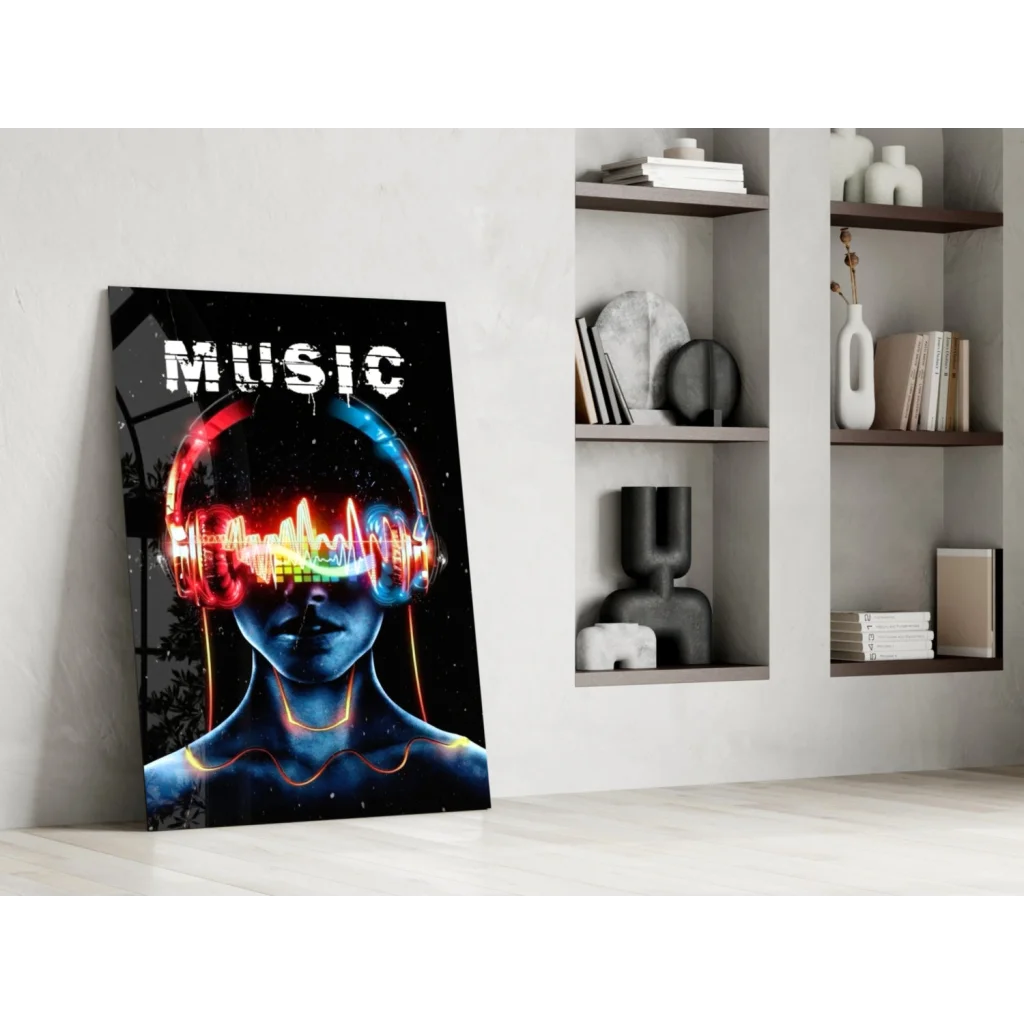 Vibrant neon headphone poster with glowing rainbow audio waves wall art