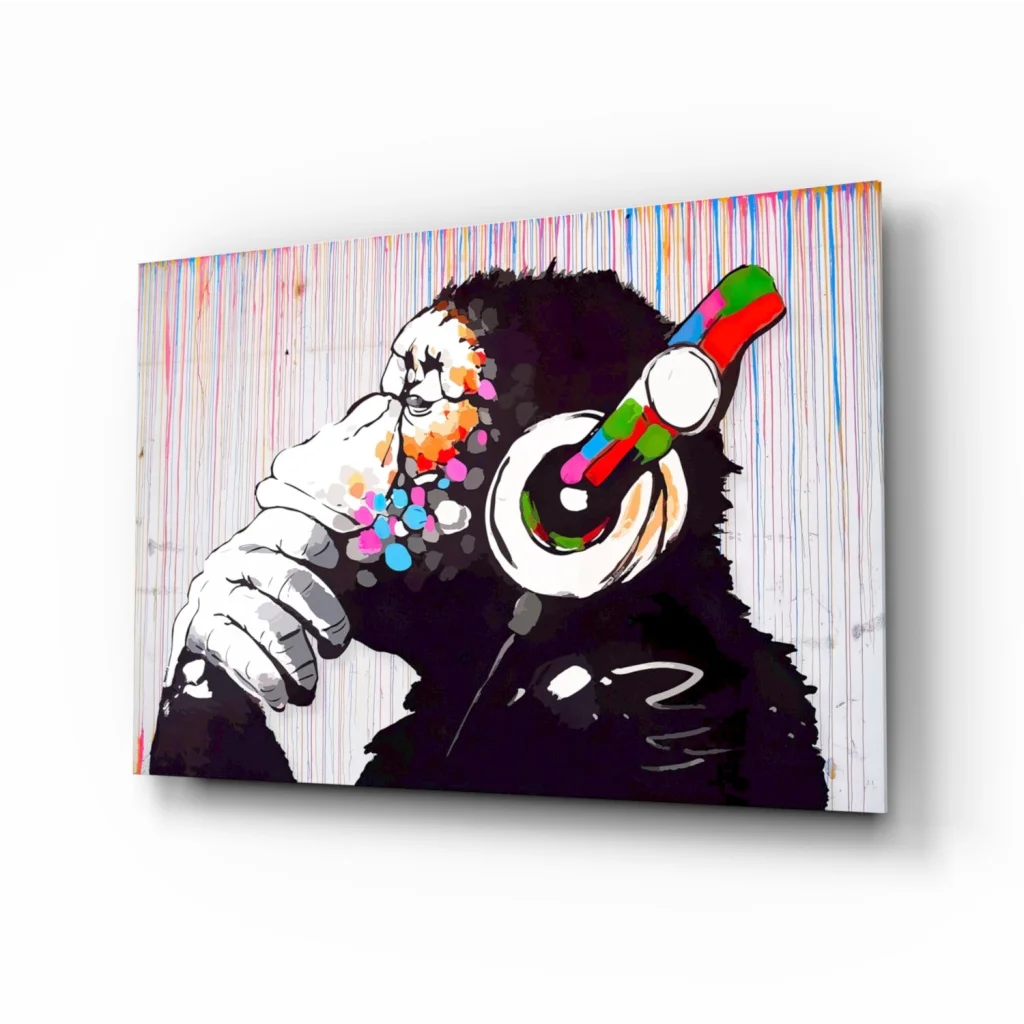 Funky monkey with headphones and rainbow splatter wall art canvas print