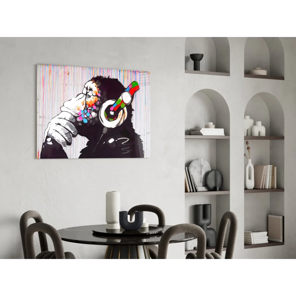 Vibrant black gorilla with rainbow headphones in graffiti wall art