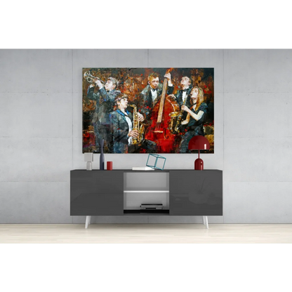 Vibrant jazz band abstract wall art canvas in bold gold and black