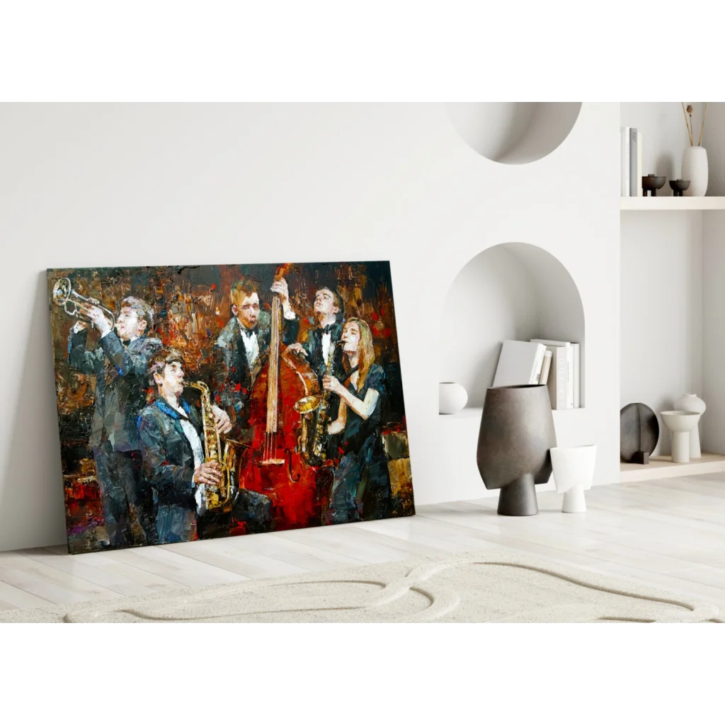 Vibrant jazz band abstract wall art in gold and black