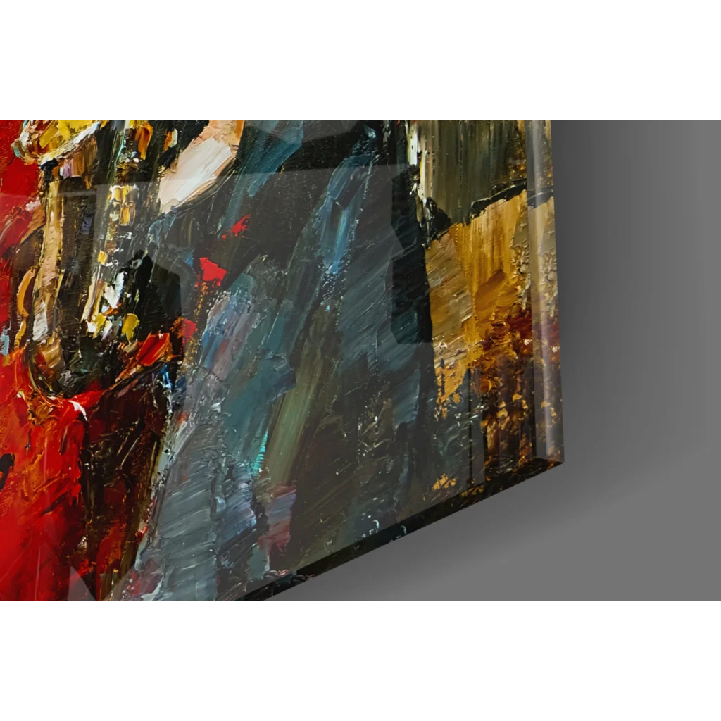 Vibrant jazz band abstract wall art canvas in bold gold, red and teal