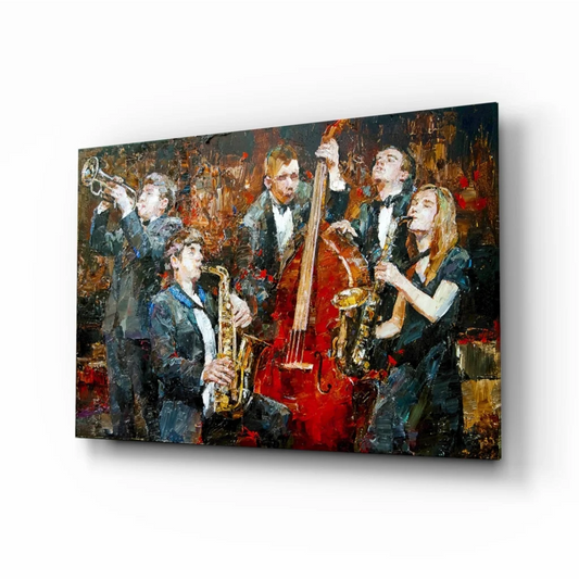 Vibrant jazz band abstract wall art in black gold with red bass on canvas