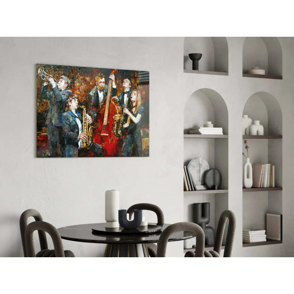 Vibrant jazz band abstract wall art canvas in bold gold black reds blues