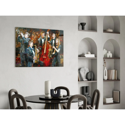 Vibrant jazz band abstract wall art canvas in bold gold black reds blues