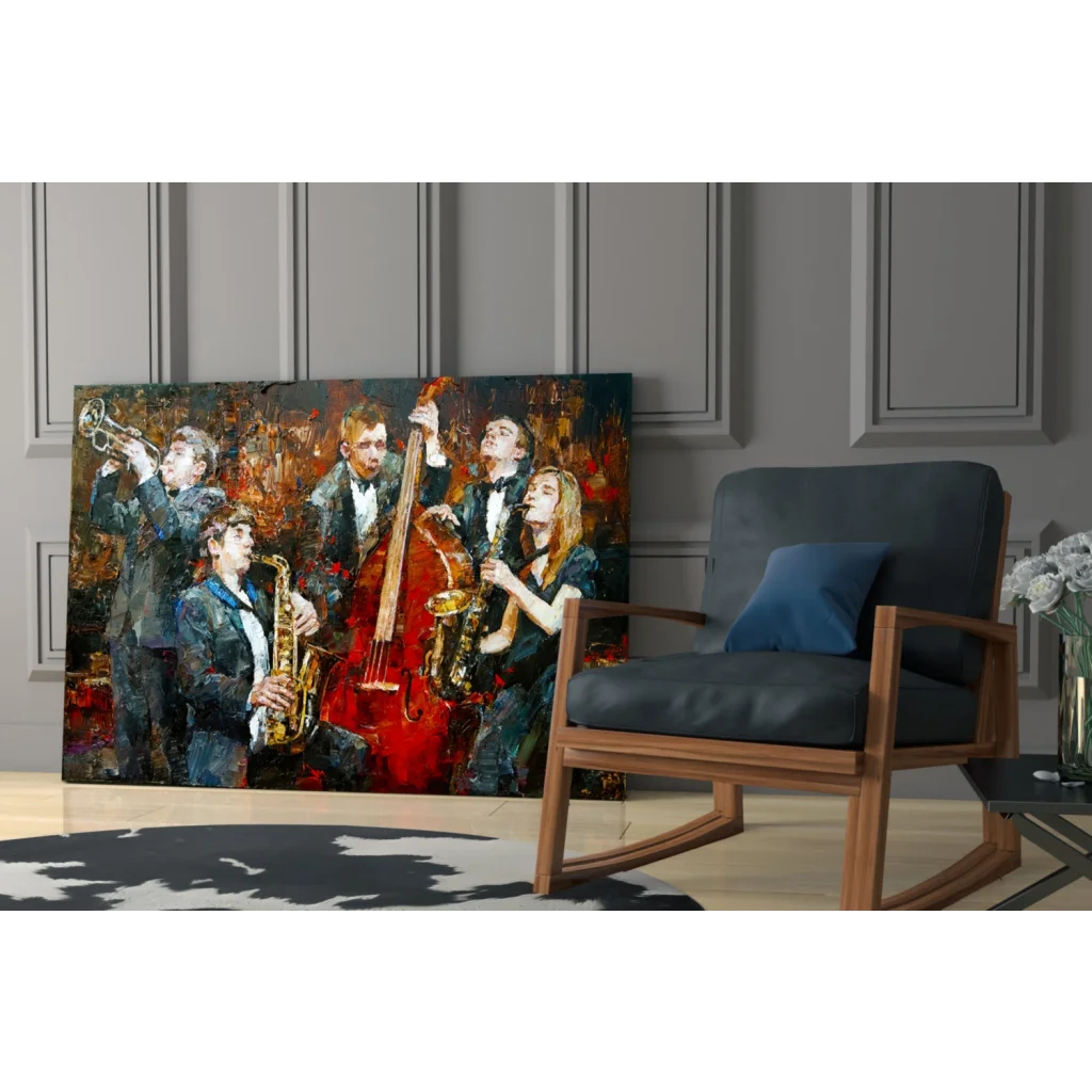 Vibrant jazz band abstract wall art canvas with gold saxophones and red bass