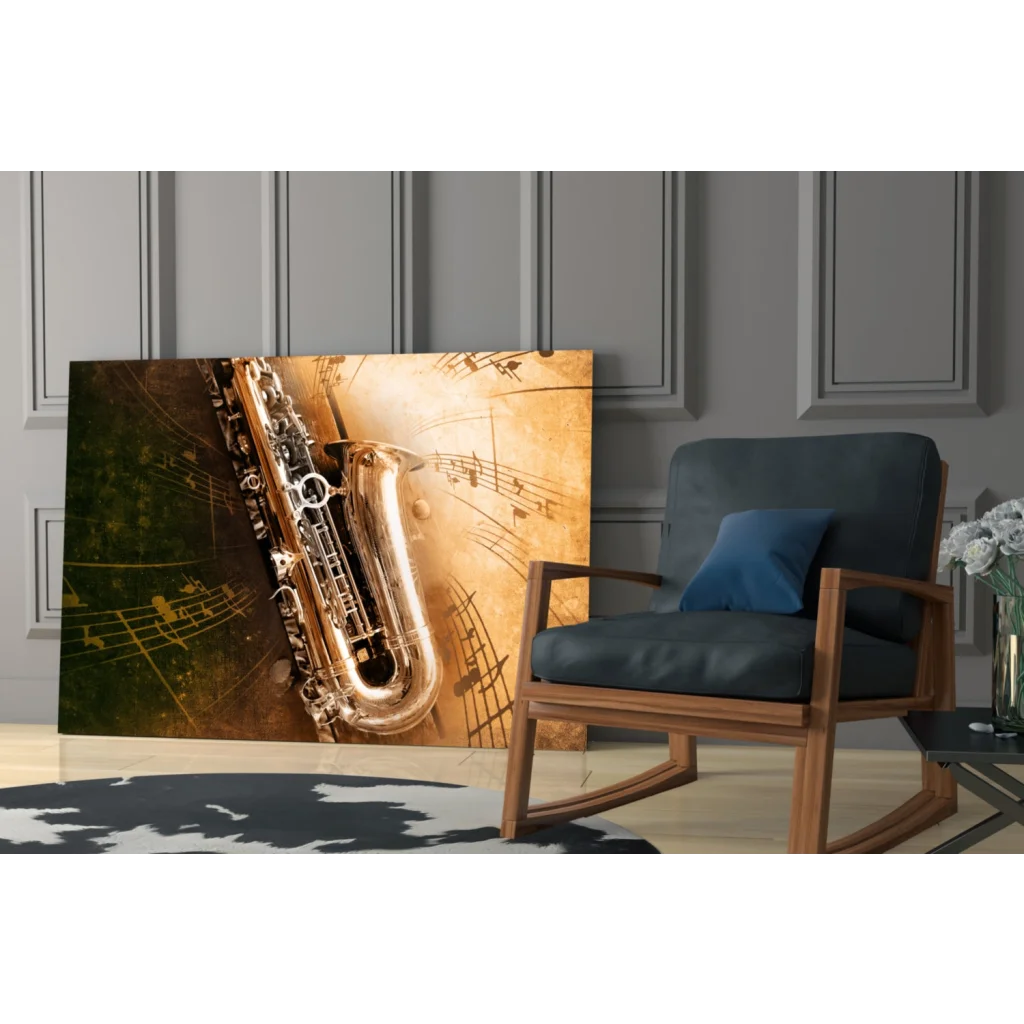 Glossy gold saxophone on sepia glass wall art with musical notes