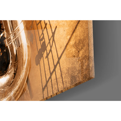 Polished golden brass tuba glass wall art print