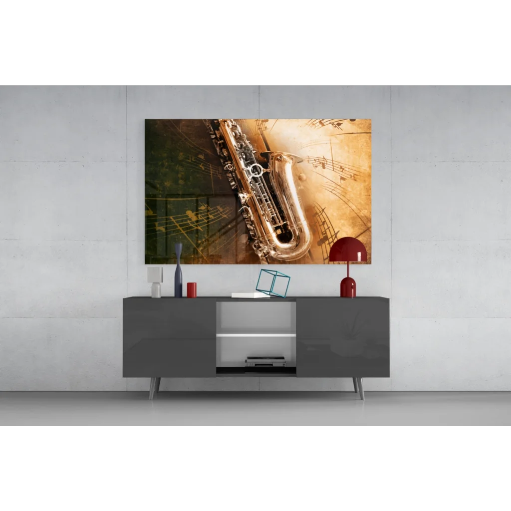 Golden saxophone glass wall art with musical notes on canvas