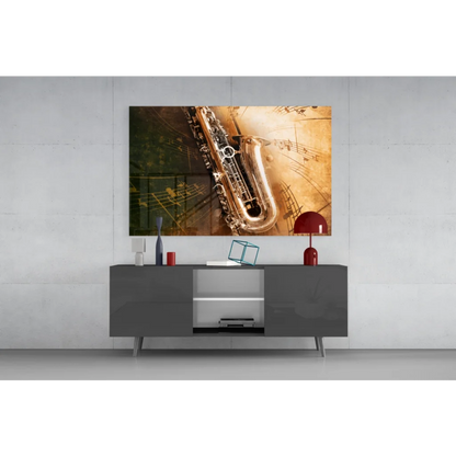 Golden saxophone glass wall art with musical notes on canvas