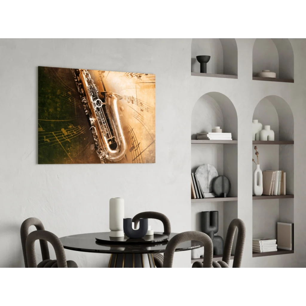 Sleek gold saxophone glass wall art with musical notes in sepia tones