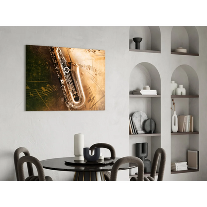 Sleek gold saxophone glass wall art with musical notes in sepia tones