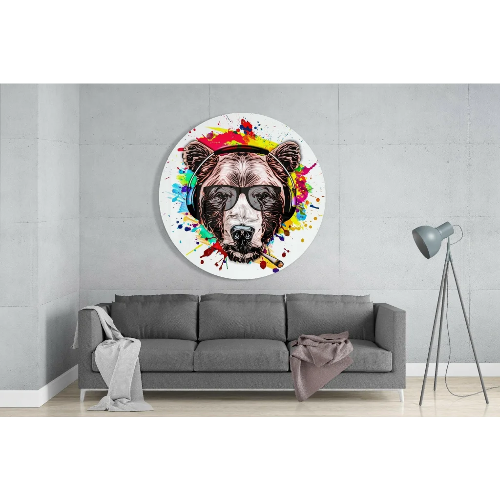 Cool Bear Tempered Glass Art with Vibrant Paint Splash | Glass Wall Art Print | vintageantiquesgifts.com